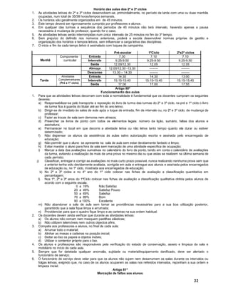 22
Horário das aulas dos 2º e 3º ciclos
1. As atividades letivas do 2º e 3º ciclos desenvolvem-se, primordialmente, no período da tarde com uma ou duas manhãs
ocupadas, num total de 35/38 horas/tempos semanais.
2. Os horários são geralmente organizados em de 45 minutos.
3. Este tempo deverá ser rigorosamente cumprido por professores e alunos.
4. Em qualquer das turmas a sequência dos períodos de 45 minutos não terá intervalo, havendo apenas a pausa
necessária à mudança de professor, quando for o caso.
5. As atividades letivas serão interrompidas num único intervalo de 25 minutos no fim do 3º tempo.
6. Sem prejuízo do definido nos números anteriores, poderá a escola desenvolver normas próprias de gestão e
organização dos horários e tempos letivos, sem influenciar a carga letiva das disciplinas.
7. O inicio e fim de cada tempo letivo é assinalado com toques de campainha.
Pré-escolar 1ºCiclo 2ºe3º ciclos
Manhã
Componente
curricular
Entrada 7.30 7.10 7.10
Intervalo 9.25-9.50 9.25-9.50 9.25-9.50
Saída 12.00/12.30 12.05 12.05
Almoço 12.00/12.30 -13.30 -------- --------
Descanso 13.30 14.30 -------- --------
Atividades
Complementares
(Pré e 1º ciclo)
Entrada 14.30 14.30 13:00
Tarde Intervalo 15:15-15:40 15:15-15:40 15:15-15:40
Saída 17.00 17.00 17:55
Artigo 80º
Funcionamento das aulas
1. Para que as atividades letivas decorram com toda a normalidade é fundamental que os docentes cumpram os seguintes
deveres:
a) Responsabilizar-se pelo transporte e reposição do livro de turma das turmas do 2º e 3º ciclo, na pré e 1º ciclo o livro
de turma fica à guarda do titular até ao fim do ano letivo;
b) Dirigir-se de imediato às salas de aula após o toque de entrada, fim de intervalo ou, no 2º e 3º ciclo, de mudança de
professor;
c) Fazer as trocas de sala sem demoras nem atrasos;
d) Preencher os livros de ponto com todos os elementos legais: número da lição, sumário, faltas dos alunos e
assinatura;
e) Permanecer no local em que decorre a atividade letiva ou não letiva tanto tempo quanto ela durar ou estiver
determinado;
f) Não dispensar os alunos da assistência às aulas salvo autorização escrita e assinada pelo encarregado de
educação;
g) Não permitir que o aluno se apresente na sala de aula sem estar devidamente fardado e limpo;
h) Evitar mandar o aluno para fora da sala sem marcação de uma atividade específica de ocupação;
i) Marcar a data das avaliações sumativas no calendário do livro de ponto, tendo em conta o calendário de avaliações
da turma, evitando a realização de mais de uma prova no mesmo dia ou que estas se realizem na última semana de
cada período;
j) Classificar, entregar e corrigir as avaliações no mais curto prazo possível, nunca realizando nenhuma prova sem que
a anterior tenha sido devidamente avaliada, corrigida em aula e entregue aos alunos e assinada pelos encarregados
de educação ou, no 1º ciclo, mostrada aos encarregados de educação;
k) No 2º e 3º ciclos e no 4º ano do 1º ciclo colocar nas fichas de avaliação a classificação quantitativa em
percentagem;
l) Nos 1º, 2º e 3º anos do 1ºCiclo colocar nas fichas de avaliação a classificação qualitativa obtida pelos alunos de
acordo com a seguinte escala:
0 a 19% Não Satisfaz
20 a 49% Satisfaz Pouco
50 a 69% Satisfaz
70 a 89% Bom
90 a 100% Excelente
m) Não abandonar a sala de aula sem tomar as providências necessárias para a sua boa utilização posterior,
garantindo que a sala fique limpa e arrumada;
n) Providenciar para que o quadro fique limpo e as carteiras na sua ordem habitual.
2. Os docentes devem ainda verificar que durante as atividades letivas:
a) Os alunos não comam nem masquem pastilhas elásticas;
b) Não utilizem telemóveis nem outros objectos afins.
3. Compete aos professores e alunos, no final de cada aula:
a) Arrumar todo o material;
b) Alinhar as mesas e cadeiras na posição inicial;
c) Deitar ao lixo os papeis e objetos inúteis;
d) Utilizar o contentor próprio para o lixo.
4. Os alunos e professores são responsáveis pela verificação do estado de conservação, asseio e limpeza da sala e
mobiliário no início de cada aula.
5. Sempre que for detetada qualquer anomalia, sujidade ou material/equipamento danificado, deve ser alertado o
funcionário de serviço;
6. O funcionário de serviço deve velar para que os alunos não sujem nem desarrumem as salas durante os intervalos ou
folgas letivas, exigindo que, no caso de os alunos ocuparem as salas nos referidos intervalos, reponham a sua ordem e
limpeza inicial.
Artigo 81º
Marcação de faltas aos alunos
 