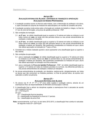 Regulamento Interno

ARTIGO 26.º
AVALIAÇÃO INTERNA DOS ALUNOS - CRITÉRIOS DE TRANSIÇÃO E APROVAÇÃO
AVALIAÇÃO DO ENSINO PROFISSIONAL
1. A avaliação sumativa ocorre no final de cada módulo, com a intervenção do professor e do aluno,
e, após conclusão do conjunto de módulos de cada disciplina, em reunião do conselho de turma.
2. A avaliação sumativa incide ainda sobre a formação em contexto de trabalho e integra, no final do
3.º ano do ciclo de formação, uma prova de aptidão profissional - PAP.
3. São condições de transição:
3.1. ao 2º ano, ter obtido classificação igual ou superior a 10 valores em todos os módulos ou em
todos menos em sete, ao longo dos três períodos letivos ou nas provas extraordinárias de
avaliação a realizar por disciplina;
3.2. ao 3º ano, ter obtido classificação igual ou superior a 10 valores em todos os módulos ou em
todos menos em cinco, ao longo dos três períodos letivos ou nas provas extraordinárias de
avaliação a realizar por disciplina. São igualmente considerados os módulos em que o aluno
não obteve aprovação na transição do 1º para o 2ºano.
4. Considera-se o módulo realizado quando o aluno apresentar uma classificação igual ou superior a
dez valores.
5. São condições de aprovação:
5.1. para a realização de estágio, ter obtido classificação igual ou superior a 10 valores em todos
os módulos ou em todos, menos em dois no período letivo ou nas provas extraordinárias de
avaliação a realizar por disciplina. São igualmente considerados os módulos em que o aluno
não obteve aprovação na transição nos anos anteriores;
5.2. para a realização da Prova de Aptidão Profissional – PAP - ter obtido classificação igual ou
superior a 10 valores em todos os módulos previstos no currículo, nos diferentes períodos ou
nas provas extraordinárias de avaliação a realizar por disciplina.
6. As provas extraordinárias de avaliação, por disciplina, realizar-se-ão, obrigatoriamente, por todos
os alunos que não concluírem os módulos previstos, no final do período letivo, de acordo com
calendário a definir anualmente.

ARTIGO 27.º
AVALIAÇÃO EXTERNA DOS ALUNOS
1. Os alunos nos 4º, 6º, 9º 11º e 12º anos estão sujeitos à avaliação externa, através de um
exame/prova final, da responsabilidade do Ministério da Educação e Ciência.
2. A classificação final a atribuir às disciplinas sujeitas a exame/prova final é calculada de acordo
com a seguinte fórmula:
CF = (7Cf+3Cp)/10
em que:
CF – Classificação final da disciplina
Cf – classificação de frequência no final do 3.º período
Cp – classificação da prova final
Nota: excecionalmente, no 4º ano, no ano letivo 2012-2013, a classificação final a atribuir é calculada
do seguinte modo CF= (3Cf+Cp)/4

Agrupamento de Escolas João da Silva Correia - 24

 