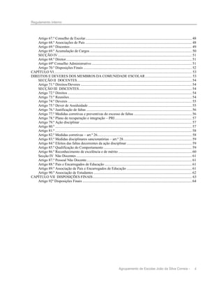Regulamento Interno

Artigo 67.º Conselho de Escolar .................................................................................................................... 48
Artigo 68.º Associações de Pais .................................................................................................................... 48
Artigo 69.º Discentes ..................................................................................................................................... 49
Artigo 69.º Acumulação de Cargos ............................................................................................................... 50
SECÇÃO IV .................................................................................................................................................. 51
Artigo 68.º Diretor ......................................................................................................................................... 51
Artigo 69º Conselho Administrativo ............................................................................................................. 51
Artigo 70.º Disposições Finais ...................................................................................................................... 52
CAPÍTULO VI ...................................................................................................................................................... 53
DIREITOS E DEVERES DOS MEMBROS DA COMUNIDADE ESCOLAR ................................................... 53
SECÇÃO II DOCENTES ............................................................................................................................. 54
Artigo 71.º Direitos/Deveres ......................................................................................................................... 54
SECÇÃO III DISCENTES ........................................................................................................................... 54
Artigo 72.º Direitos ....................................................................................................................................... 54
Artigo 73.º Reuniões...................................................................................................................................... 54
Artigo 74.º Deveres ....................................................................................................................................... 55
Artigo 75.º Dever de Assiduidade ................................................................................................................. 55
Artigo 76.º Justificação de faltas ................................................................................................................... 56
Artigo 77.º Medidas corretivas e preventivas do excesso de faltas ............................................................... 56
Artigo 78.º Plano de recuperação e integração – PRI .................................................................................... 57
Artigo 79.º Ação disciplinar .......................................................................................................................... 57
Artigo 80.º ..................................................................................................................................................... 57
Artigo 81.º ..................................................................................................................................................... 58
Artigo 82.º Medidas corretivas – art.º 26....................................................................................................... 58
Artigo 83.º Medidas disciplinares sancionatórias – art.º 28........................................................................... 59
Artigo 84.º Efeitos das faltas decorrentes da ação disciplinar ....................................................................... 59
Artigo 85.º Qualificação do Comportamento ................................................................................................ 59
Artigo 86.º Reconhecimento de excelência e de mérito ................................................................................ 60
Secção IV Não Docentes .............................................................................................................................. 61
Artigo 87.º Pessoal Não Docente................................................................................................................... 61
Artigo 88.º Pais e Encarregados de Educação ............................................................................................... 61
Artigo 89.º Associação de Pais e Encarregados de Educação ....................................................................... 61
Artigo 90.º Associação de Estudantes ........................................................................................................... 62
CAPÍTULO VII DISPOSIÇÕES FINAIS ............................................................................................................ 63
Artigo 92º Disposições Finais ....................................................................................................................... 64

Agrupamento de Escolas João da Silva Correia -

4

 