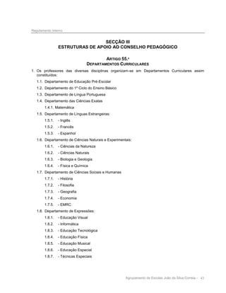 Regulamento Interno

SECÇÃO III
ESTRUTURAS DE APOIO AO CONSELHO PEDAGÓGICO
ARTIGO 55.º
DEPARTAMENTOS CURRICULARES
1. Os professores das diversas disciplinas organizam-se em Departamentos Curriculares assim
constituídos:
1.1. Departamento de Educação Pré-Escolar
1.2. Departamento do 1º Ciclo do Ensino Básico
1.3. Departamento de Língua Portuguesa
1.4. Departamento das Ciências Exatas
1.4.1. Matemática
1.5. Departamento de Línguas Estrangeiras:
1.5.1.

- Inglês

1.5.2.

- Francês

1.5.3.

- Espanhol

1.6. Departamento de Ciências Naturais e Experimentais:
1.6.1.

- Ciências da Natureza

1.6.2.

- Ciências Naturais

1.6.3.

- Biologia e Geologia

1.6.4.

- Física e Química

1.7. Departamento de Ciências Sociais e Humanas
1.7.1.

- História

1.7.2.

- Filosofia

1.7.3.

- Geografia

1.7.4.

- Economia

1.7.5.

- EMRC

1.8. Departamento de Expressões:
1.8.1.

- Educação Visual

1.8.2.

- Informática

1.8.3.

- Educação Tecnológica

1.8.4.

- Educação Física

1.8.5.

- Educação Musical

1.8.6.

- Educação Especial

1.8.7.

- Técnicas Especiais

Agrupamento de Escolas João da Silva Correia - 43

 