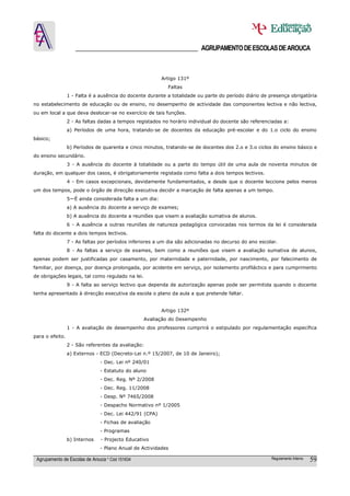 ______________________________________ AGRUPAMENTO DE ESCOLAS DE AROUCA



                                                         Artigo 131º
                                                           Faltas
                 1 - Falta é a ausência do docente durante a totalidade ou parte do período diário de presença obrigatória
no estabelecimento de educação ou de ensino, no desempenho de actividade das componentes lectiva e não lectiva,
ou em local a que deva deslocar-se no exercício de tais funções.
                 2 - As faltas dadas a tempos registados no horário individual do docente são referenciadas a:
                 a) Períodos de uma hora, tratando-se de docentes da educação pré-escolar e do 1.o ciclo do ensino
básico;
                 b) Períodos de quarenta e cinco minutos, tratando-se de docentes dos 2.o e 3.o ciclos do ensino básico e
do ensino secundário.
                 3 - A ausência do docente à totalidade ou a parte do tempo útil de uma aula de noventa minutos de
duração, em qualquer dos casos, é obrigatoriamente registada como falta a dois tempos lectivos.
                 4 - Em casos excepcionais, devidamente fundamentados, e desde que o docente leccione pelos menos
um dos tempos, pode o órgão de direcção executiva decidir a marcação de falta apenas a um tempo.
                 5—É ainda considerada falta a um dia:
                 a) A ausência do docente a serviço de exames;
                 b) A ausência do docente a reuniões que visem a avaliação sumativa de alunos.
                 6 - A ausência a outras reuniões de natureza pedagógica convocadas nos termos da lei é considerada
falta do docente a dois tempos lectivos.
                 7 - As faltas por períodos inferiores a um dia são adicionadas no decurso do ano escolar.
                 8 - As faltas a serviço de exames, bem como a reuniões que visem a avaliação sumativa de alunos,
apenas podem ser justificadas por casamento, por maternidade e paternidade, por nascimento, por falecimento de
familiar, por doença, por doença prolongada, por acidente em serviço, por isolamento profiláctico e para cumprimento
de obrigações legais, tal como regulado na lei.
                 9 - A falta ao serviço lectivo que dependa de autorização apenas pode ser permitida quando o docente
tenha apresentado à direcção executiva da escola o plano da aula a que pretende faltar.


                                                         Artigo 132º
                                                 Avaliação do Desempenho
                 1 - A avaliação de desempenho dos professores cumprirá o estipulado por regulamentação específica
para o efeito.
                 2 - São referentes da avaliação:
                 a) Externos - ECD (Decreto-Lei n.º 15/2007, de 10 de Janeiro);
                               - Dec. Lei nº 240/01
                               - Estatuto do aluno
                               - Dec. Reg. Nº 2/2008
                               - Dec. Reg. 11/2008
                               - Desp. Nº 7465/2008
                               - Despacho Normativo nº 1/2005
                               - Dec. Lei 442/91 (CPA)
                               - Fichas de avaliação
                               - Programas
                 b) Internos   - Projecto Educativo
                               - Plano Anual de Actividades

 Agrupamento de Escolas de Arouca * Cód 151634                                                         Regulamento Interno   59
 