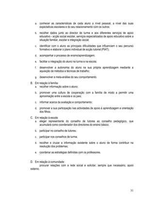 a. conhecer as características de cada aluno a nível pessoal, a nível das suas
        expectativas escolares e do seu relacionamento com os outros;
   b. recolher dados junto ao director de turma e aos diferentes serviços de apoio
        educativo - acção social escolar, serviços especializados de apoio educativo sobre a
        situação familiar, escolar e integração social;
   c. identificar com o aluno as principais dificuldades que influenciam o seu percurso
        formativo e elaborar o plano individual de acção tutorial (PIAT);
   d. acompanhar o processo de ensino/aprendizagem;

   e. facilitar a integração do aluno na turma e na escola;

   f.   desenvolver a autonomia do aluno na sua própria aprendizagem mediante a
        aquisição de métodos e técnicas de trabalho;
   g. desenvolver a meta-análise do seu comportamento.

B. Em relação à família:
   a. recolher informação sobre o aluno;

   b. promover uma cultura de cooperação com a família de modo a permitir uma
        aproximação entre a escola e os pais;
   c. informar acerca da avaliação e comportamento;

   d. promover a sua participação nas actividades de apoio à aprendizagem e orientação
        dos filhos.
C. Em relação à escola:
   a. eleger representante do conselho de tutores ao conselho pedagógico, que
      acumulará como coordenador dos directores do ensino básico;
   b. participar no conselho de tutores;

   c. participar nos conselhos de turma;

   d. recolher e cruzar a informação existente sobre o aluno de forma contribuir na
        resolução dos problemas;
   e. coordenar as estratégias definidas com os professores.


D. Em relação à comunidade:
         procurar relações com a rede social e solicitar, sempre que necessário, apoio
externo.




                                                                                         31
 