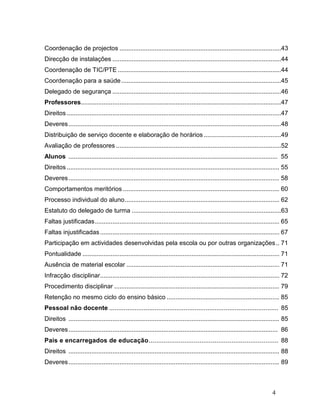 Coordenação de projectos ............................................................................................43
Direcção de instalações ................................................................................................44
Coordenação de TIC/PTE .............................................................................................44
Coordenação para a saúde ...........................................................................................45
Delegado de segurança ................................................................................................46
Professores..................................................................................................................47
Direitos ..........................................................................................................................47
Deveres .........................................................................................................................48
Distribuição de serviço docente e elaboração de horários ............................................49
Avaliação de professores ..............................................................................................52
Alunos ....................................................................................................................... 55
Direitos ......................................................................................................................... 55
Deveres ........................................................................................................................ 58
Comportamentos meritórios ......................................................................................... 60
Processo individual do aluno ........................................................................................ 62
Estatuto do delegado de turma .....................................................................................63
Faltas justificadas ......................................................................................................... 65
Faltas injustificadas ...................................................................................................... 67
Participação em actividades desenvolvidas pela escola ou por outras organizações .. 71
Pontualidade ................................................................................................................ 71
Ausência de material escolar ....................................................................................... 71
Infracção disciplinar...................................................................................................... 72
Procedimento disciplinar .............................................................................................. 79
Retenção no mesmo ciclo do ensino básico ................................................................ 85
Pessoal não docente ............................................................................................. 85
Direitos ........................................................................................................................ 85
Deveres ....................................................................................................................... 86
Pais e encarregados de educação ..................................................................... 88
Direitos ........................................................................................................................ 88
Deveres ........................................................................................................................ 89



                                                                                                                            4
 