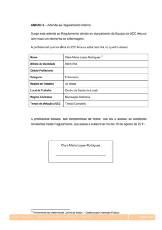 ANEXO 3 – Adenda ao Regulamento Interno

         Surge esta adenda ao Regulamento devido ao alargamento da Equipa da UCC Arouce
         com mais um elemento de enfermagem.

         A profissional que foi afeta à UCC Arouce está descrita no quadro abaixo.

                                                                        15
         Nome                            Clara Maria Lopes Rodrigues

         Bilhete de Identidade           09913754

         Cédula Profissional

         Categoria                       Enfermeira

         Regime de Trabalho              35 Horas

         Local de Trabalho               Centro de Saúde da Lousã

         Regime Contratual               Nomeação Definitiva

         Tempo de afetação à UCC         Tempo Completo




         A profissional declara, sob compromisso de honra, que leu e aceitou as condições
         constantes neste Regulamento, que passa a subscrever no dia 18 de Agosto de 2011.




                                      Clara Maria Lopes Rodrigues

                                 ______________________________




         15
              Proveniente da Maternidade Daniel de Matos – Cedência por Interesse Público
UCC Arouce – Regulamento Interno – 2010                                                     Página 120
                                                                                               120
 
