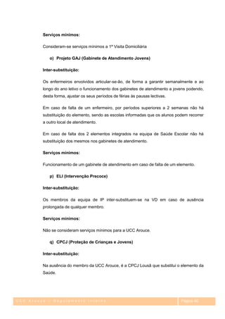 Serviços mínimos:

         Consideram-se serviços mínimos a 1ª Visita Domiciliária

            o) Projeto GAJ (Gabinete de Atendimento Jovens)

         Inter-substituição:

         Os enfermeiros envolvidos articular-se-ão, de forma a garantir semanalmente e ao
         longo do ano letivo o funcionamento dos gabinetes de atendimento a jovens podendo,
         desta forma, ajustar os seus períodos de férias às pausas lectivas.

         Em caso de falta de um enfermeiro, por períodos superiores a 2 semanas não há
         substituição do elemento, sendo as escolas informadas que os alunos podem recorrer
         a outro local de atendimento.

         Em caso de falta dos 2 elementos integrados na equipa de Saúde Escolar não há
         substituição dos mesmos nos gabinetes de atendimento.

         Serviços mínimos:

         Funcionamento de um gabinete de atendimento em caso de falta de um elemento.

            p) ELI (Intervenção Precoce)

         Inter-substituição:

         Os membros da equipa de IP inter-substituem-se na VD em caso de ausência
         prolongada de qualquer membro.

         Serviços mínimos:

         Não se consideram serviços mínimos para a UCC Arouce.

            q) CPCJ (Proteção de Crianças e Jovens)

         Inter-substituição:

         Na ausência do membro da UCC Arouce, é a CPCJ Lousã que substitui o elemento da
         Saúde.




UCC Arouce – Regulamento Interno                                               Página 40
 