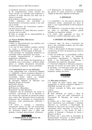 Regulamento Interno, EB1/PE da Ladeira                                                          13
   O professor determina a duração da sanção.          O Regulamento da frequência e assiduidade
i) Os comportamentos menos correctos dos             dos alunos da escola encontra-se no Despacho
alunos deverão ser resolvidos pelos professores e    14/2003 do Secretário Regional de Educação.
auxiliares de acção educativa que estão com os
alunos no momento.                                                   2- DEFINIÇÃO
j) Os problemas ocorridos serão resolvidos por:
   Pelos    professores   das    Actividades    de      A assiduidade é um dos factores decisivos do
Enriquecimento Curriculares quando é com estes       rendimento escolar, constituindo um dever do
que se sucede;                                       aluno e, uma responsabilidade do Encarregado de
   Pelos professores das Curriculares quando é       Educação;
com estes que se sucede;                                É obrigatória a marcação de faltas dos alunos
   Pelos Auxiliares de Acção Educativa quando é      em todas as actividades escolares quando
com estes que se sucede.                             incluídas nos respectivos horários;
l) Todos os castigos são da responsabilidade do         As faltas serão registadas no livro de
elemento que os aplica.                              frequências e grelhas elaboradas para o efeito.

1.3- Outras Medidas Educativas                              3- DEVERES DE FREQUÊNCIA
Disciplinares:
   Repor os objectos/materiais que danificou e/ou       Constitui dever do aluno a frequência das
se apropriou indevidamente;                          aulas e das actividades escolares que não sejam
   No caso do aluno danificar qualquer material      de carácter facultativo;
da escola, o pagamento do mesmo é da                    Cabe ao Encarregado de Educação assegurar o
responsabilidade do Encarregado de Educação;         cumprimento do dever de frequência por parte do
   Não participar em competições desportivas ou      seu educando;
actividades lúdicas organizadas pela escola;            Cabe aos professores na generalidade, verificar
   Impedir, temporariamente, a utilização de         o   cumprimento do dever de frequência,
equipamento informático.                             comunicando mensalmente, à Directora da
NOTA: No caso dos alunos não frequentarem as         Escola e aos Encarregados de Educação a
actividades extra curriculares, o professor poderá   assiduidade dos respectivos educandos;
aplicar as medidas disciplinares mencionadas            A Secretaria Regional de Educação assegura a
não impliquem a frequência destas actividades.       prestação de serviços de acção social, de saúde,
                                                     de psicologia e de orientação escolar para apoiar
1.4- Competência para a sua Aplicação                e tornar efectivo o cumprimento do dever de
   Em conformidade com o Decreto-Lei Regional        frequência assídua dos alunos.
n.º 15/2001/M e Decreto Legislativo Regional n.º
26/2006/M, compete a vários intervenientes da                         ARTIGO 24.º
comunidade      escolar    aplicar  as   medidas                       1- FALTAS
educativas disciplinares, nomeadamente:
a) Secretário Regional de Educação e/ou              1.1- Marcação de Faltas
Delegada Escolar do Funchal;                            O regime de faltas rege-se pelas normas
b) Conselho Escolar;                                 estabelecidas no Decreto Legislativo Regional n.º
c) Director da Escola;                               26/2006/M, do artigo 13.º ao 19.º.
d) Professores e Educadores;                            Haverá marcação de faltas pelos seguintes
f) Auxiliares de Acção Educativa.                    motivos:
   Qualquer tipo de advertência aos alunos ou        a) Por ausência;
ocorrência, comunicada ao E. de Educação ou          b) Será elaborado um registo e faltas de
não, deverá ficar registada em documento próprio     material, o qual será dado conhecimento ao
para o efeito. Este documento ficará na posse dos    Encarregado de Educação, por escrito, pelo
professores das curriculares ou enriquecimento       professor;
curricular, sendo posteriormente informada a         c) Sempre que o aluno atinja o número 3 de
Directora.                                           faltas consecutivas sem justificação, o professor
   De    forma    a    controlar   a indisciplina,   informará ou convocará o Encarregado de
mensalmente deverá ser feito um levantamento         Educação do aluno para uma reunião. A cópia da
dos alunos indisciplinados, sendo o registo feito    convocatória ficará arquivada na escola. Se a
em documento próprio para o efeito pelo              situação persistir, o caso deverá ser dado a
professor e entregue posteriormente à Directora.     conhecer à Comissão e Protecção de Jovens e
                                                     Menores em Risco;
              ARTIGO 23.º                            d) Sempre que o aluno falte às Actividades de
     1- FREQUÊNCIA E AUSÊNCIA DE                     Enriquecimento Curricular, os Encarregados de
             ACTIVIDADES                             Educação deverão informar o professor.
 