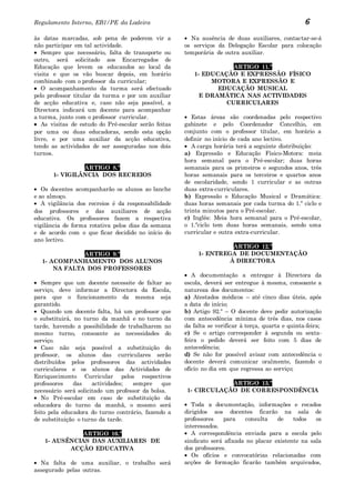 Regulamento Interno, EB1/PE da Ladeira                                                              6
às datas marcadas, sob pena de poderem vir a            Na ausência de duas auxiliares, contactar-se-á
não participar em tal actividade.                     os serviços da Delegação Escolar para colocação
   Sempre que necessário, falta de transporte ou      temporária de outra auxiliar.
outro, será solicitado aos Encarregados de
Educação que levem os educandos ao local da                         ARTIGO 11.º
visita e que os vão buscar depois, em horário            1- EDUCAÇÃO E EXPRESSÃO FÍSICO
combinado com o professor da curricular;                      MOTORA E EXPRESSÃO E
   O acompanhamento da turma será efectuado                     EDUCAÇÃO MUSICAL
pelo professor titular da turma e por um auxiliar          E DRAMÁTICA NAS ACTIVIDADES
de acção educativa e, caso não seja possível, a                   CURRICULARES
Directora indicará um docente para acompanhar
a turma, junto com o professor curricular.               Estas áreas são coordenadas pelo respectivo
   As visitas de estudo do Pré-escolar serão feitas   gabinete e pelo Coordenador Concelhio, em
por uma ou duas educadoras, sendo esta opção          conjunto com o professor titular, em horário a
livre, e por uma auxiliar da acção educativa,         definir no início de cada ano lectivo.
tendo as actividades de ser asseguradas nos dois         A carga horária terá a seguinte distribuição:
turnos.                                               a) Expressão e Educação Físico-Motora: meia
                                                      hora semanal para o Pré-escolar; duas horas
                ARTIGO 8.º                            semanais para os primeiros e segundos anos, três
       1- VIGILÂNCIA DOS RECREIOS                     horas semanais para os terceiros e quartos anos
                                                      de escolaridade, sendo 1 curricular e as outras
   Os docentes acompanharão os alunos ao lanche       duas extra-curriculares.
e ao almoço.                                          b) Expressão e Educação Musical e Dramática:
   A vigilância dos recreios é da responsabilidade    duas horas semanais por cada turma do 1.º ciclo e
dos professores e das auxiliares de acção             trinta minutos para o Pré-escolar.
educativa. Os professores fazem a respectiva          c) Inglês: Meia hora semanal para o Pré-escolar,
vigilância de forma rotativa pelos dias da semana     o 1.ºciclo tem duas horas semanais, sendo uma
e de acordo com o que ficar decidido no início do     curricular e outra extra-curricular.
ano lectivo.
                                                                     ARTIGO 12.º
              ARTIGO 9.º                                   1- ENTREGA DE DOCUMENTAÇÃO
  1- ACOMPANHAMENTO DOS ALUNOS                                      À DIRECTORA
      NA FALTA DOS PROFESSORES
                                                         A documentação a entregar à Directora da
   Sempre que um docente necessite de faltar ao       escola, deverá ser entregue à mesma, consoante a
serviço, deve informar a Directora da Escola,         natureza dos documentos:
para que o funcionamento da mesma seja                a) Atestados médicos – até cinco dias úteis, após
garantido.                                            a data do início;
   Quando um docente falta, há um professor que       b) Artigo 92.º – O docente deve pedir autorização
o substituirá, no turno da manhã e no turno da        com antecedência mínima de três dias, nos casos
tarde, havendo a possibilidade de trabalharem no      da falta se verificar à terça, quarta e quinta-feira;
mesmo turno, consoante as necessidades do             c) Se o artigo corresponder à segunda ou sexta-
serviço.                                              feira o pedido deverá ser feito com 5 dias de
   Caso não seja possível a substituição do           antecedência;
professor, os alunos das curriculares serão           d) Se não for possível avisar com antecedência o
distribuídos pelos professores das actividades        docente deverá comunicar oralmente, fazendo o
curriculares e os alunos das Actividades de           ofício no dia em que regressa ao serviço;
Enriquecimento Curricular pelos respectivos
professores    das    actividades;  sempre     que                 ARTIGO 13.º
necessário será solicitado um professor da bolsa.      1- CIRCULAÇÃO DE CORRESPONDÊNCIA
   No Pré-escolar em caso de substituição da
educadora do turno da manhã, o mesmo será                Toda a documentação, informações e recados
feito pela educadora do turno contrário, fazendo a    dirigidos aos docentes ficarão na sala de
de substituição o turno da tarde.                     professores    para   consulta    de    todos   os
                                                      interessados.
              ARTIGO 10.º                                A correspondência enviada para a escola pelo
   1- AUSÊNCIAS DAS AUXILIARES DE                     sindicato será afixada no placar existente na sala
          ACÇÃO EDUCATIVA                             dos professores.
                                                         Os ofícios e convocatórias relacionadas com
  Na falta de uma auxiliar, o trabalho será           acções de formação ficarão também arquivados,
assegurado pelas outras.
 