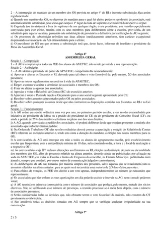 2 – A interrupção do mandato de um membro dos OS prevista no artigo 4º do RI e inerente substituição, fica assim
regulamentada:
a) Quando um membro dos OS, no decorrer do mandato para o qual foi eleito, perder o seu direito de associado, será
automaticamente substituído pelo sócio que ocupa o 1º lugar da lista de suplentes (se houver) do respectivo órgão;
b) Esgotada (ou inexistente) a lista de suplentes de um qualquer órgão, o seu presidente, em reunião especialmente
convocada para este efeito, reunirá com os seus membros para deliberarem sobre a escolha, provisória, de um
substituto para aquela vacatura, passando esta substituição de provisória a definitiva por ratificação da AG seguinte;
c) Os processos de substituição referidos nas duas alíneas imediatamente anteriores, têm carácter excepcional
dispensando a convocação da AG extraordinária para o efeito;
d) O presidente do OS em que ocorreu a substituição terá que, deste facto, informar de imediato o presidente da
Mesa da Assembleia Geral.

                                                  Artigo 6º
                                             ASSEMBLEIA GERAL
Secção 1 – Composição
1 – A AG é composta por todos os PEE dos alunos do AVETEC, não sendo permitida a sua representação.
Secção 2 – Atribuições
2 – A AG detém a plenitude do poder da APAETEC, competindo-lhe nomeadamente:
a) Aprovar e alterar os Estatutos e RI, devendo para tal obter o voto favorável de, pelo menos, 2/3 dos associados
presentes;
b) Aprovar outros regulamentos necessários à vida da APAETEC;
c) Eleger, exonerar e aceitar a demissão de associados e membros dos OS;
d) Fixar ou alterar as quotas dos associados;
e) Apreciar e votar o Relatório de Contas (RC) do exercício anterior;
f) Apreciar e votar o Plano de Acção e Orçamento para o ano social seguinte apresentado pelo CE;
g) Resolver sobre assuntos apresentados pelos OS ou pelos associados;
h) Resolver sobre quaisquer assuntos desde que não contrariem as disposições contidas nos Estatutos, no RI e na Lei
geral.
Secção 3 – Funcionamento
i) A AG reúne em sessão ordinária uma vez por ano, no primeiro período escolar, e em sessão extraordinária por
iniciativa do presidente da Mesa ou a pedido do presidente do CE ou do presidente do Conselho Fiscal (CF), ou
ainda a pedido de 25% dos membros efectivos no pleno uso dos seus direitos;
j) A AG, quando convocada a pedido dos associados, só poderá deliberar desde que estejam presentes a maioria dos
associados que subscreveram o pedido;
k) Na Ordem de Trabalhos (OT) das sessões ordinárias deverá constar a apreciação e votação do Relatório de Contas
(RC) referente ao exercício anterior e, tendo em conta a duração do mandato, a eleição dos novos membros para os
OS;
l) A convocatória da AG será entregue em mão a todos os alunos do agrupamento escolar, pelo estabelecimento
escolar que frequentam, com a antecedência mínima de 10 dias, nela constando o dia, a hora e o local de realização e
a respectiva OT;
m) As convocatórias cuja OT incluam alterações aos Estatutos ou RI, eleição ou destituição de parte ou da totalidade
dos membros dos OS, além do processo referido na alínea anterior, deverão ainda ser publicitadas por afixação na
seda da APAETEC, em todas as Escolas e Juntas de Freguesia do concelho, na Câmara Municipal, publicitadas num
jornal e, sempre que possível, por outros meios de comunicação julgados convenientes;
n) As deliberações da AG são tomadas por maioria simples dos presentes, salvo aquelas que se relacionem com os
assuntos referidos na alínea anterior, para as quais será necessária uma maioria de 2/3 dos sócios presentes;
o) Para efeitos de votação, os PEE têm direito a um voto apenas, independentemente do número de educandos que
representarem;
p) Os associados que não tenham as suas quotizações em dia poderão assistir e intervir na AG, sem contudo poderem
votar;
q) A AG reunirá em primeira convocatória com o número de associados que perfaça, pelo menos, metade dos sócios
efectivos. Não se verificando esse número de presenças, a reunião processar-se-á meia hora depois, com o número
de associados presentes;
r) Serão consideradas nulas as decisões que, não obstante terem o voto favorável da maioria, não constem da OT
previamente estabelecida;
s) São anuláveis todas as decisões tomadas em AG sempre que se verifique qualquer irregularidade na sua
convocação.

                                                      Artigo 7º
2/5
 
