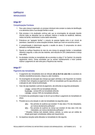 CAPÍTULO VI
MENSALIDADES


Artigo 26.º
Comparticipações Familiares
    1. Para cada criança é organizado um processo individual onde constam os dados de identificação
       e os elementos sobre a sua situação familiar e social;
    2. Este processo é de atualização contínua pelo que os encarregados de educação deverão
       informar todas as alterações que se verifiquem relativos à morada de residência, telefones,
       médico de família, rendimentos e outros dados relevantes;
    3. Entende-se por “agregado familiar” o conjunto de pessoas ligadas entre si por vínculo de
       parentesco, casamento ou outras situações similares, desde que vivam em economia comum;
    4. A comparticipação é determinada segundo o escalão de abono. O comprovativo de abono
       delineará a mensalidade mensal;
    5. Quando se verifique frequência de mais de uma criança do agregado familiar, a mensalidade
       referente à segunda, e cada uma das restantes, será reduzida em 20% (relativamente à criança
       mais velha);
    6. As atividades incluídas na mensalidade são as previstas no artigo 4.º do Capítulo I do presente
       regulamento interno. Outras actividades que se venham hipoteticamente a incluir poderão
       implicar o pagamento de valor extra para a frequência das mesmas.


Artigo 27.º
Pagamento das mensalidades
    1. O pagamento das mensalidades deve ser efetuado até ao dia 8 de cada mês na secretaria do
       infantário (transferência bancária, cheque ou valor monetário);
    2. Os encarregados de educação das crianças que sejam admitidas e não frequentem de imediato
       o infantário ficam obrigados ao pagamento de 100% da mensalidade que lhe seja atribuída, com
       a dedução do valor mensal da alimentação;
    3. Caso não seja respeitado o período de pagamento, são atribuídas as seguintes penalizações:
                < 8 dias – acresce 20% da mensalidade atribuída;
                9 a 20 dias – acresce 50% da mensalidade atribuída;
                > 20 dias – acresce 100% da mensalidade atribuída;
    4. O montante das penalizações é pago no dia em que se efetuar o pagamento da mensalidade em
       atraso;
    5. Proceder-se-á a uma redução no valor da mensalidade nos seguintes casos:
                30% - Nos períodos de ausência que excedam 15 dias úteis (>15) não interpolados,
                         por motivos devidamente justificados*;
                40% - Nos períodos de ausência da criança que excedam 22 dias úteis (>22) não
                         interpolados, por motivos devidamente justificados*
                * Situações médicas (sob atestado médico), judiciais, ou outras que por análise da
                direção geral sejam consideradas válidas (sob requerimento).
    6. As respetivas reduções serão efetuadas na mensalidade do mês seguinte.




REGULAMENTO INTERNO DO INFANTÁRIO CIDADE DOS BRINQUEDOS – SETEMBRO 2012                             17
 