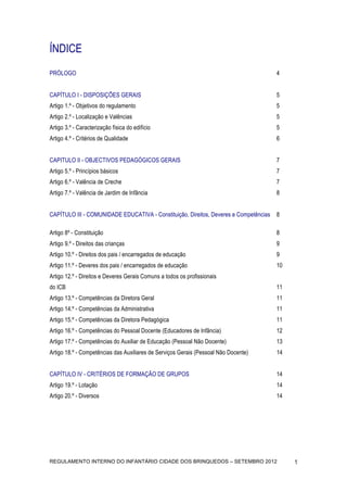 ÍNDICE
PRÓLOGO                                                                                4


CAPÍTULO I - DISPOSIÇÕES GERAIS                                                        5
Artigo 1.º - Objetivos do regulamento                                                  5
Artigo 2.º - Localização e Valências                                                   5
Artigo 3.º - Caracterização física do edifício                                         5
Artigo 4.º - Critérios de Qualidade                                                    6


CAPITULO II - OBJECTIVOS PEDAGÓGICOS GERAIS                                            7
Artigo 5.º - Princípios básicos                                                        7
Artigo 6.º - Valência de Creche                                                        7
Artigo 7.º - Valência de Jardim de Infância                                            8


CAPÍTULO III - COMUNIDADE EDUCATIVA - Constituição, Direitos, Deveres e Competências   8

Artigo 8º - Constituição                                                               8
Artigo 9.º - Direitos das crianças                                                     9
Artigo 10.º - Direitos dos pais / encarregados de educação                             9
Artigo 11.º - Deveres dos pais / encarregados de educação                              10
Artigo 12.º - Direitos e Deveres Gerais Comuns a todos os profissionais
do ICB                                                                                 11
Artigo 13.º - Competências da Diretora Geral                                           11
Artigo 14.º - Competências da Administrativa                                           11
Artigo 15.º - Competências da Diretora Pedagógica                                      11
Artigo 16.º - Competências do Pessoal Docente (Educadores de Infância)                 12
Artigo 17.º - Competências do Auxiliar de Educação (Pessoal Não Docente)               13
Artigo 18.º - Competências das Auxiliares de Serviços Gerais (Pessoal Não Docente)     14


CAPÍTULO IV - CRITÉRIOS DE FORMAÇÃO DE GRUPOS                                          14
Artigo 19.º - Lotação                                                                  14
Artigo 20.º - Diversos                                                                 14


                                                                                            	
  




REGULAMENTO INTERNO DO INFANTÁRIO CIDADE DOS BRINQUEDOS – SETEMBRO 2012                            1
 