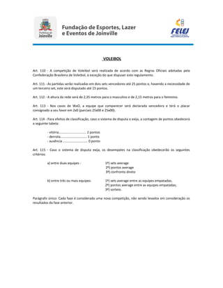 VOLEIBOL
Art. 110 - A competição de Voleibol será realizada de acordo com as Regras Oficiais adotadas pela
Confederação Brasileira de Voleibol, à exceção do que dispuser este regulamento.
Art. 111 - As partidas serão realizadas em dois sets vencedores até 25 pontos e, havendo a necessidade de
um terceiro set, este será disputado até 15 pontos.
Art. 112 - A altura da rede será de 2,35 metros para o masculino e de 2,15 metros para o feminino.
Art. 113 - Nos casos de WxO, a equipe que comparecer será declarada vencedora e terá o placar
consignado a seu favor em 2x0 (parciais 25x00 e 25x00).
Art. 114 - Para efeitos de classificação, caso o sistema de disputa o exija, a contagem de pontos obedecerá
a seguinte tabela:
- vitória.............................. 2 pontos
- derrota............................. 1 ponto
- ausência ........................... 0 ponto
Art. 115 - Caso o sistema de disputa exija, os desempates na classificação obedecerão os seguintes
critérios:
a) entre duas equipes : 1º) sets average
2º) pontos average
3º) confronto direto
b) entre três ou mais equipes: 1º) sets average entre as equipes empatadas;
2º) pontos average entre as equipes empatadas;
3º) sorteio.
Parágrafo único: Cada fase é considerada uma nova competição, não sendo levados em consideração os
resultados da fase anterior.
 