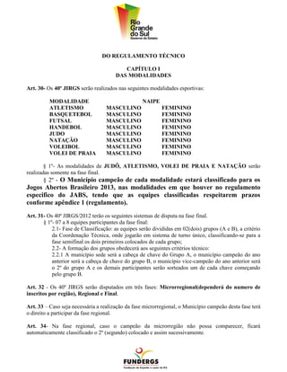 DO REGULAMENTO TÉCNICO

                                          CAPÍTULO I
                                       DAS MODALIDADES

Art. 30- Os 40º JIRGS serão realizados nas seguintes modalidades esportivas:

          MODALIDADE                               NAIPE
          ATLETISMO                MASCULINO                FEMININO
          BASQUETEBOL              MASCULINO                FEMININO
          FUTSAL                   MASCULINO                FEMININO
          HANDEBOL                 MASCULINO                FEMININO
          JUDO                     MASCULINO                FEMININO
          NATAÇÃO                  MASCULINO                FEMININO
          VOLEIBOL                 MASCULINO                FEMININO
          VOLEI DE PRAIA           MASCULINO                FEMININO

        § 1º- As modalidades de JUDÔ, ATLETISMO, VOLEI DE PRAIA E NATAÇÃO serão
realizadas somente na fase final.
       § 2º - O Município campeão de cada modalidade estará classificado para os
Jogos Abertos Brasileiro 2013, nas modalidades em que houver no regulamento
especifico do JABS, tendo que as equipes classificadas respeitarem prazos
conforme apêndice 1 (regulamento).
Art. 31- Os 40º JIRGS/2012 terão os seguintes sistemas de disputa na fase final.
       § 1º- 07 a 8 equipes participantes da fase final:
           2.1- Fase de Classificação: as equipes serão divididas em 02(dois) grupos (A e B), a critério
           da Coordenação Técnica, onde jogarão em sistema de turno único, classificando-se para a
           fase semifinal os dois primeiros colocados de cada grupo;
           2.2- A formação dos grupos obedecerá aos seguintes critérios técnico:
           2.2.1 A município sede será a cabeça de chave do Grupo A, o município campeão do ano
           anterior será a cabeça de chave do grupo B, o município vice-campeão do ano anterior será
           o 2º do grupo A e os demais participantes serão sorteados um de cada chave começando
           pelo grupo B.

Art. 32 - Os 40º JIRGS serão disputados em três fases: Microrregional(dependerá do numero de
inscritos por região), Regional e Final.

Art. 33 – Caso seja necessária a realização da fase microrregional, o Município campeão desta fase terá
o direito a participar da fase regional.

Art. 34- Na fase regional, caso o campeão da microrregião não possa comparecer, ficará
automaticamente classificado o 2º (segundo) colocado e assim sucessivamente.
 