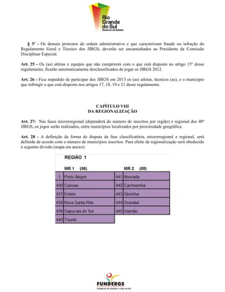 § 3º - Os demais protestos de ordem administrativa e que caracterizam fraude ou infração do
Regulamento Geral e Técnico dos JIRGS, deverão ser encaminhados ao Presidente da Comissão
Disciplinar Especial.

Art. 25 - Os (as) atletas e equipes que não cumprirem com o que está disposto no artigo 15º desse
regulamento, ficarão automaticamente desclassificados de jogar os JIRGS 2012.

Art. 26 - Fica impedido de participar dos JIRGS em 2013 os (as) atletas, técnicos (as), e o município
que infringir o que está disposto nos artigos 17, 18, 19 e 21 desse regulamento.



                                       CAPÍTULO VIII
                                    DA REGIONALIZAÇÃO

Art. 27- Nas fases microrregional (dependerá do numero de inscritos por região) e regional dos 40º
JIRGS, os jogos serão realizados, entre municípios localizados por proximidade geográfica.

Art. 28 - A definição da forma de disputa da fase classificatória, microrregional e regional, será
definida de acordo com o número de municípios inscritos. Para efeito de regionalização será obedecido
à seguinte divisão (mapa em anexo):
 