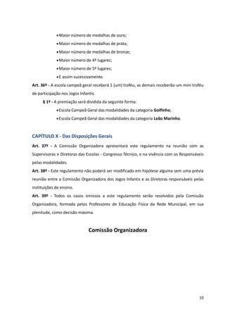 10
Maior número de medalhas de ouro;
Maior número de medalhas de prata;
Maior número de medalhas de bronze;
Maior número de 4º lugares;
Maior número de 5º lugares;
E assim sucessivamente.
Art. 36º - A escola campeã geral receberá 1 (um) troféu, as demais receberão um mini troféu
de participação nos Jogos Infantis.
§ 1º - A premiação será dividida da seguinte forma:
Escola Campeã Geral das modalidades da categoria Golfinho;
Escola Campeã Geral das modalidades da categoria Leão Marinho.
CAPÍTULO X - Das Disposições Gerais
Art. 37º - A Comissão Organizadora apresentará este regulamento na reunião com as
Supervisoras e Diretoras das Escolas - Congresso Técnico, e na vivência com os Responsáveis
pelas modalidades.
Art. 38º - Este regulamento não poderá ser modificado em hipótese alguma sem uma prévia
reunião entre a Comissão Organizadora dos Jogos Infantis e as Diretoras responsáveis pelas
instituições de ensino.
Art. 39º - Todos os casos omissos a este regulamento serão resolvidos pela Comissão
Organizadora, formada pelos Professores de Educação Física da Rede Municipal, em sua
plenitude, como decisão máxima.
Comissão Organizadora
 