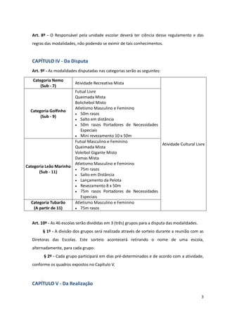 3
Art. 8º - O Responsável pela unidade escolar deverá ter ciência desse regulamento e das
regras das modalidades, não podendo se eximir de tais conhecimentos.
CAPÍTULO IV - Da Disputa
Art. 9º - As modalidades disputadas nas categorias serão as seguintes:
Categoria Nemo
(Sub - 7)
Atividade Recreativa Mista
Atividade Cultural Livre
Categoria Golfinho
(Sub - 9)
Futsal Livre
Queimada Mista
Bolichebol Misto
Atletismo Masculino e Feminino
 50m rasos
 Salto em distância
 50m rasos Portadores de Necessidades
Especiais
 Mini revezamento 10 x 50m
Categoria Leão Marinho
(Sub - 11)
Futsal Masculino e Feminino
Queimada Mista
Voleibol Gigante Misto
Damas Mista
Atletismo Masculino e Feminino
 75m rasos
 Salto em Distância
 Lançamento da Pelota
 Revezamento 8 x 50m
 75m rasos Portadores de Necessidades
Especiais
Categoria Tubarão
(A partir de 11)
Atletismo Masculino e Feminino
 75m rasos
Art. 10º - As 46 escolas serão divididas em 3 (três) grupos para a disputa das modalidades.
§ 1º - A divisão dos grupos será realizada através de sorteio durante a reunião com as
Diretoras das Escolas. Este sorteio acontecerá retirando o nome de uma escola,
alternadamente, para cada grupo.
§ 2º - Cada grupo participará em dias pré-determinados e de acordo com a atividade,
conforme os quadros expostos no Capítulo V.
CAPÍTULO V - Da Realização
 