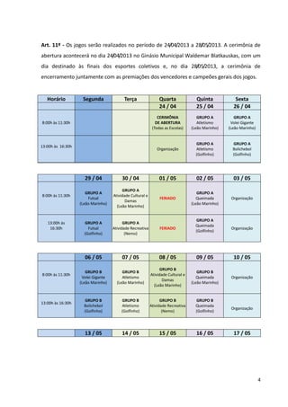 4
Art. 11º - Os jogos serão realizados no período de 24/04/2013 a 28/05/2013. A cerimônia de
abertura acontecerá no dia 24/04/2013 no Ginásio Municipal Waldemar Blatkauskas, com um
dia destinado às finais dos esportes coletivos e, no dia 28/05/2013, a cerimônia de
encerramento juntamente com as premiações dos vencedores e campeões gerais dos jogos.
Horário Segunda Terça Quarta Quinta Sexta
24 / 04 25 / 04 26 / 04
CERIMÔNIA
DE ABERTURA
(Todas as Escolas)
GRUPO A
Atletismo
(Leão Marinho)
GRUPO A
Volei Gigante
(Leão Marinho)
8:00h às 11:30h
13:00h às 16:30h
Organização
GRUPO A
Atletismo
(Golfinho)
GRUPO A
Bolichebol
(Golfinho)
29 / 04 30 / 04 01 / 05 02 / 05 03 / 05
8:00h às 11:30h
GRUPO A
Futsal
(Leão Marinho)
GRUPO A
Atividade Cultural e
Damas
(Leão Marinho)
FERIADO
GRUPO A
Queimada
(Leão Marinho)
Organização
13:00h às
16:30h
GRUPO A
Futsal
(Golfinho)
GRUPO A
Atividade Recreativa
(Nemo)
FERIADO
GRUPO A
Queimada
(Golfinho)
Organização
06 / 05 07 / 05 08 / 05 09 / 05 10 / 05
8:00h às 11:30h
GRUPO B
Volei Gigante
(Leão Marinho)
GRUPO B
Atletismo
(Leão Marinho)
GRUPO B
Atividade Cultural e
Damas
(Leão Marinho)
GRUPO B
Queimada
(Leão Marinho)
Organização
13:00h às 16:30h
GRUPO B
Bolichebol
(Golfinho)
GRUPO B
Atletismo
(Golfinho)
GRUPO B
Atividade Recreativa
(Nemo)
GRUPO B
Queimada
(Golfinho)
Organização
13 / 05 14 / 05 15 / 05 16 / 05 17 / 05
 