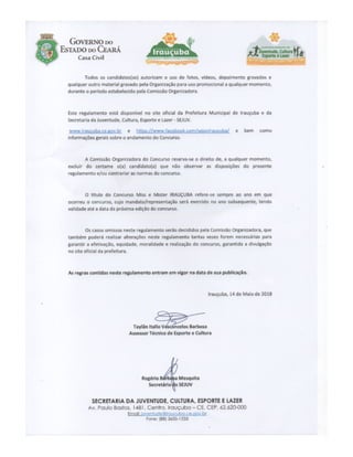 Regulamento Miss e Mister Irauçuba 2018