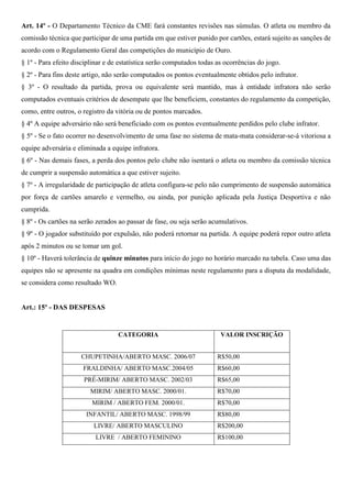 Art. 14º - O Departamento Técnico da CME fará constantes revisões nas súmulas. O atleta ou membro da 
comissão técnica que participar de uma partida em que estiver punido por cartões, estará sujeito as sanções de 
acordo com o Regulamento Geral das competições do município de Ouro. 
§ 1º - Para efeito disciplinar e de estatística serão computados todas as ocorrências do jogo. 
§ 2º - Para fins deste artigo, não serão computados os pontos eventualmente obtidos pelo infrator. 
§ 3º - O resultado da partida, prova ou equivalente será mantido, mas à entidade infratora não serão 
computados eventuais critérios de desempate que lhe beneficiem, constantes do regulamento da competição, 
como, entre outros, o registro da vitória ou de pontos marcados. 
§ 4º A equipe adversário não será beneficiado com os pontos eventualmente perdidos pelo clube infrator. 
§ 5º - Se o fato ocorrer no desenvolvimento de uma fase no sistema de mata-mata considerar-se-á vitoriosa a 
equipe adversária e eliminada a equipe infratora. 
§ 6º - Nas demais fases, a perda dos pontos pelo clube não isentará o atleta ou membro da comissão técnica 
de cumprir a suspensão automática a que estiver sujeito. 
§ 7º - A irregularidade de participação de atleta configura-se pelo não cumprimento de suspensão automática 
por força de cartões amarelo e vermelho, ou ainda, por punição aplicada pela Justiça Desportiva e não 
cumprida. 
§ 8º - Os cartões na serão zerados ao passar de fase, ou seja serão acumulativos. 
§ 9º - O jogador substituído por expulsão, não poderá retornar na partida. A equipe poderá repor outro atleta 
após 2 minutos ou se tomar um gol. 
§ 10º - Haverá tolerância de quinze minutos para início do jogo no horário marcado na tabela. Caso uma das 
equipes não se apresente na quadra em condições mínimas neste regulamento para a disputa da modalidade, 
se considera como resultado WO. 
Art.: 15º - DAS DESPESAS 
CATEGORIA VALOR INSCRIÇÃO 
CHUPETINHA/ABERTO MASC. 2006/07 R$50,00 
FRALDINHA/ ABERTO MASC.2004/05 R$60,00 
PRÉ-MIRIM/ ABERTO MASC. 2002/03 R$65,00 
MIRIM/ ABERTO MASC. 2000/01. R$70,00 
MIRIM / ABERTO FEM. 2000/01. R$70,00 
INFANTIL/ ABERTO MASC. 1998/99 R$80,00 
LIVRE/ ABERTO MASCULINO R$200,00 
LIVRE / ABERTO FEMININO R$100,00 
 