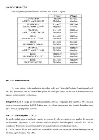 Art.:16º - PREMIAÇÃO 
Será feita premiação em dinheiro e medalhas para os 1º e 2º lugares. 
1º lugar 2º lugar 
CHUPETINHA 
ABERTO MASC. 2006/07 
R$70,00 
Medalhas 
R$50,00 
Medalhas 
FRALDINHA 
ABERTO MASC.2004/05 
R$200,00 
Medalhas 
R$100,00 
Medalhas 
PRÉ-MIRIM 
ABERTO MASC. 2002/03 
R$210,00 
Medalhas 
R$110,00 
Medalhas 
MIRIM 
ABERTO MASC. 2000/01. 
R$230,00 
Medalhas 
R$130,00 
Medalhas 
MIRIM 
ABERTO FEM. 2000/01. 
R$120,00 
Medalhas 
R$80,00 
Medalhas 
INFANTIL 
ABERTO MASC. 1998/99 
R$280,00 
Medalhas 
R$150,00 
Medalhas 
LIVRE 
ABERTO MASCULINO 
R$1100,00 
Medalhas 
R$600,00 
Medalhas 
LIVRE 
ABERTO FEMININO 
R$350,00 
Medalhas 
R$200,00 
Medalhas 
Art. 17º- CASOS OMISSOS 
Os casos omissos neste regulamento específico serão resolvidos pela Comissão Organizadora Local 
da CME, juntamente com a Comissão Disciplinar do Município, depois de ouvidos os representantes das 
equipes participantes na oportunidade. 
Parágrafo Único: A equipe que se sentir prejudicada dentro da competição, terá o prazo de 48 horas para 
entrar com um recurso diante da CME de Ouro, que vai avaliar e qualquer que for a situação. Passado o prazo 
de 48 horas, a equipe perderá o direito. 
Art.: 18º - DISPOSIÇÕES GERAIS 
De conformidade com a legislação vigente, as equipes deverão apresentar-se em quadra, devidamente 
uniformizados, respeitando as cores e brasões devendo o capitão da equipe portar braçadeira. Em caso de 
semelhança de uniforme a equipe mandatária terá que providenciar a mudança do mesmo. 
§ 1° - Em caso de dúvida será considerada mandatária a equipe que estiver colocada no lado esquerdo da 
tabela de jogos divulgada pela CME. 
 