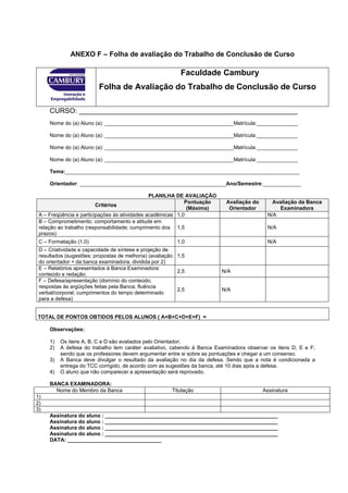 47




              ANEXO F – Folha de avaliação do Trabalho de Conclusão de Curso

                                                           Faculdade Cambury
                         Folha de Avaliação do Trabalho de Conclusão de Curso

     CURSO: ________________________________________________________
     Nome do (a) Aluno (a): ____________________________________________Matrícula:______________

     Nome do (a) Aluno (a): ____________________________________________Matrícula:______________

     Nome do (a) Aluno (a): ____________________________________________Matrícula:______________

     Nome do (a) Aluno (a): ____________________________________________Matrícula:______________

     Tema:________________________________________________________________________________

     Orientador: __________________________________________________Ano/Semestre:_____________

                                               PLANILHA DE AVALIAÇÃO
                                                            Pontuação      Avaliação do      Avaliação da Banca
                         Critérios
                                                             (Máxima)       Orientador         Examinadora
 A – Freqüência e participações às atividades acadêmicas 1,0                               N/A
 B – Comprometimento; comportamento e atitude em
 relação ao trabalho (responsabilidade; cumprimento dos 1,5                                N/A
 prazos)
 C – Formatação (1,0)                                    1,0                               N/A
 D – Criatividade e capacidade de síntese e projeção de
 resultados (sugestões; propostas de melhoria) (avaliação 1,5
 do orientador + da banca examinadora, dividida por 2)
 E – Relatórios apresentados à Banca Examinadora:
                                                          2,5            N/A
 conteúdo e redação.
 F – Defesa/apresentação (domínio do conteúdo;
 respostas às argüições feitas pela Banca; fluência
                                                          2,5            N/A
 verbal/corporal; cumprimentos do tempo determinado
 para a defesa)


TOTAL DE PONTOS OBTIDOS PELOS ALUNOS ( A+B+C+D+E+F) =

     Observações:

     1)   Os itens A, B, C e D são avaliados pelo Orientador;
     2)   A defesa do trabalho tem caráter avaliativo, cabendo à Banca Examinadora observar os itens D, E e F;
          sendo que os professores devem argumentar entre si sobre as pontuações e chegar a um consenso.
     3)   A Banca deve divulgar o resultado da avaliação no dia da defesa. Sendo que a nota é condicionada a
          entrega do TCC corrigido, de acordo com as sugestões da banca, até 10 dias após a defesa.
     4)   O aluno que não comparecer a apresentação será reprovado.

     BANCA EXAMINADORA:
       Nome do Membro da Banca                         Titulação                          Assinatura
1)
2)
3)
     Assinatura do aluno : ___________________________________________________________
     Assinatura do aluno : ___________________________________________________________
     Assinatura do aluno : ___________________________________________________________
     Assinatura do aluno : ___________________________________________________________
     DATA: ________________________________
 