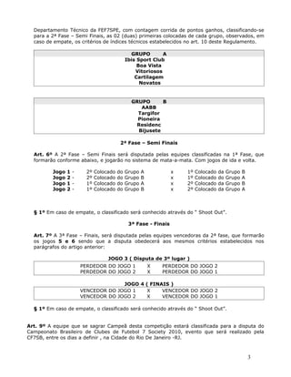 Departamento Técnico da FEF7SPE, com contagem corrida de pontos ganhos, classificando-se
  para a 2ª Fase – Semi Finais, as 02 (duas) primeiras colocadas de cada grupo, observados, em
  caso de empate, os critérios de índices técnicos estabelecidos no art. 10 deste Regulamento.

                                                  GRUPO        A
                                                Ibis Sport Club
                                                     Boa Vista
                                                    Vitoriosos
                                                    Cartilagem
                                                      Novatos


                                                  GRUPO      B
                                                     AABB
                                                    Targifor
                                                    Pioneira
                                                   Residenc
                                                    Bijusete

                                            2ª Fase – Semi Finais

  Art. 6º A 2ª Fase – Semi Finais será disputada pelas equipes classificadas na 1ª Fase, que
  formarão conforme abaixo, e jogarão no sistema de mata-a-mata. Com jogos de ida e volta.

          Jogo   1   -     2º   Colocado   do   Grupo   A           x   1º   Colocado   da   Grupo   B
          Jogo   2   -     2º   Colocado   do   Grupo   B           x   1º   Colocado   do   Grupo   A
          Jogo   1   -     1º   Colocado   do   Grupo   A           x   2º   Colocado   da   Grupo   B
          Jogo   2   -     1º   Colocado   do   Grupo   B           x   2º   Colocado   da   Grupo   A



  § 1º Em caso de empate, o classificado será conhecido através do “ Shoot Out”.

                                                 3ª Fase - Finais

  Art. 7º A 3ª Fase – Finais, será disputada pelas equipes vencedoras da 2ª fase, que formarão
  os jogos 5 e 6 sendo que a disputa obedecerá aos mesmos critérios estabelecidos nos
  parágrafos do artigo anterior:

                                     JOGO 3 ( Disputa de 3º lugar )
                         PERDEDOR DO JOGO 1                 X   PERDEDOR DO JOGO 2
                         PERDEDOR DO JOGO 2                 X   PERDEDOR DO JOGO 1

                                       JOGO 4 ( FINAIS )
                         VENCEDOR DO JOGO 1    X    VENCEDOR DO JOGO 2
                         VENCEDOR DO JOGO 2    X    VENCEDOR DO JOGO 1

  § 1º Em caso de empate, o classificado será conhecido através do “ Shoot Out”.


Art. 9º A equipe que se sagrar Campeã desta competição estará classificada para a disputa do
Campeonato Brasileiro de Clubes de Futebol 7 Society 2010, evento que será realizado pela
CF7SB, entre os dias a definir , na Cidade do Rio De Janeiro -RJ.



                                                                                                         3
 