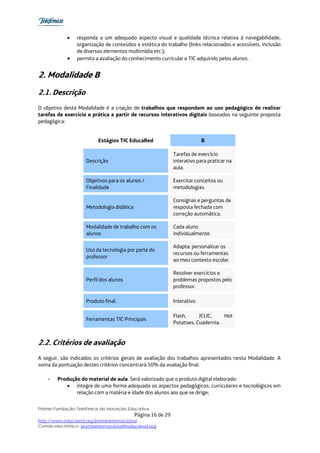 •   responda a um adequado aspecto visual e qualidade técnica relativa à navegabilidade,
                 organização de conteúdos e estética do trabalho (links relacionados e acessíveis, inclusão
                 de diversos elementos multimídia etc.);
             •   permita a avaliação do conhecimento curricular e TIC adquirido pelos alunos.


2. Modalidade B
2.1. Descrição
O objetivo desta Modalidade é a criação de trabalhos que respondam ao uso pedagógico de realizar
tarefas de exercício e prática a partir de recursos interativos digitais baseados na seguinte proposta
pedagógica:


                          Estágios TIC EducaRed                             B

                                                              Tarefas de exercício
                     Descrição                                interativo para praticar na
                                                              aula.

                     Objetivos para os alunos /               Exercitar conceitos ou
                     Finalidade                               metodologias.

                                                              Consignas e perguntas de
                     Metodologia didática                     resposta fechada com
                                                              correção automática.

                     Modalidade de trabalho com os            Cada aluno
                     alunos                                   individualmente.

                                                              Adapta: personalizar os
                     Uso da tecnologia por parte do
                                                              recursos ou ferramentas
                     professor
                                                              ao meu contexto escolar.

                                                              Resolver exercícios e
                     Perfil dos alunos                        problemas propostos pelo
                                                              professor.

                     Produto final.                           Interativo.

                                                              Flash,     JCLIC,    Hot
                     Ferramentas TIC Principais
                                                              Potatoes, Cuadernia.


2.2. Critérios de avaliação
A seguir, são indicados os critérios gerais de avaliação dos trabalhos apresentados nesta Modalidade. A
soma da pontuação destes critérios concentrará 50% da avaliação final.

    -   Produção do material de aula. Será valorizado que o produto digital elaborado:
           • integre de uma forma adequada os aspectos pedagógicos, curriculares e tecnológicos em
               relação com a matéria e idade dos alunos aos que se dirige;

Prêmio Fundação Telefônica de Inovação Educativa
                                            Página 16 de 29
http://www.educared.org/premiointernacional
Correio electrônico: premiointernacional@educared.org
 