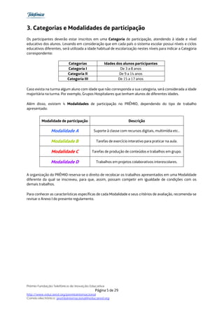 3. Categorias e Modalidades de participação
Os participantes deverão estar inscritos em uma Categoria de participação, atendendo à idade e nível
educativo dos alunos. Levando em consideração que em cada país o sistema escolar possui níveis e ciclos
educativos diferentes, será utilizada a idade habitual de escolarização nestes níveis para indicar a Categoria
correspondente:

                           Categorias             Idades dos alunos participantes
                           Categoria I                     De 3 a 8 anos
                          Categoria II                    De 9 a 14 anos
                          Categoria III                   De 15 a 17 anos

Caso exista na turma algum aluno com idade que não corresponda a sua categoria, será considerada a idade
majoritária na turma. Por exemplo, Grupos Hospitalares que tenham alunos de diferentes idades.

Além disso, existem 4 Modalidades de participação no PRÊMIO, dependendo do tipo de trabalho
apresentado:


         Modalidade de participação                              Descrição

               Modalidade A                Suporte à classe com recursos digitais, multimídia etc..

               Modalidade B                 Tarefas de exercício interativo para praticar na aula.

               Modalidade C               Tarefas de produção de conteúdos e trabalhos em grupo.

               Modalidade D                 Trabalhos em projetos colaborativos interescolares.


A organização do PRÊMIO reserva-se o direito de recolocar os trabalhos apresentados em uma Modalidade
diferente da qual se inscreveu, para que, assim, possam competir em igualdade de condições com os
demais trabalhos.

Para conhecer as características específicas de cada Modalidade e seus critérios de avaliação, recomenda-se
revisar o Anexo I do presente regulamento.




Prêmio Fundação Telefônica de Inovação Educativa
                                            Página 5 de 29
http://www.educared.org/premiointernacional
Correio electrônico: premiointernacional@educared.org
 