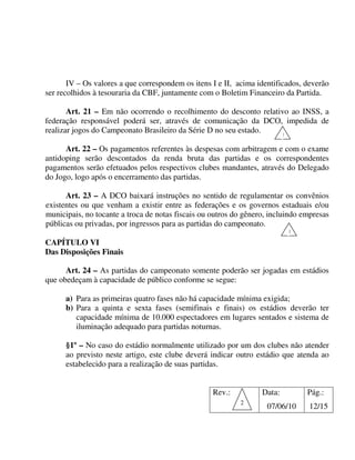 IV – Os valores a que correspondem os itens I e II, acima identificados, deverão
ser recolhidos à tesouraria da CBF, juntamente com o Boletim Financeiro da Partida.

       Art. 21 – Em não ocorrendo o recolhimento do desconto relativo ao INSS, a
federação responsável poderá ser, através de comunicação da DCO, impedida de
realizar jogos do Campeonato Brasileiro da Série D no seu estado.  1

      Art. 22 – Os pagamentos referentes às despesas com arbitragem e com o exame
antidoping serão descontados da renda bruta das partidas e os correspondentes
pagamentos serão efetuados pelos respectivos clubes mandantes, através do Delegado
do Jogo, logo após o encerramento das partidas.

      Art. 23 – A DCO baixará instruções no sentido de regulamentar os convênios
existentes ou que venham a existir entre as federações e os governos estaduais e/ou
municipais, no tocante a troca de notas fiscais ou outros do gênero, incluindo empresas
públicas ou privadas, por ingressos para as partidas do campeonato.
                                                                          1

CAPÍTULO VI
Das Disposições Finais

      Art. 24 – As partidas do campeonato somente poderão ser jogadas em estádios
que obedeçam à capacidade de público conforme se segue:

      a) Para as primeiras quatro fases não há capacidade mínima exigida;
      b) Para a quinta e sexta fases (semifinais e finais) os estádios deverão ter
         capacidade mínima de 10.000 espectadores em lugares sentados e sistema de
         iluminação adequado para partidas noturnas.

      §1º – No caso do estádio normalmente utilizado por um dos clubes não atender
      ao previsto neste artigo, este clube deverá indicar outro estádio que atenda ao
      estabelecido para a realização de suas partidas.


                                                   Rev.:          Data:         Pág.:
                                                           2
                                                                    07/06/10    12/15
 