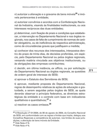 21
n) autorizar a alienação e o gravame de bens móveis26
e imó-
veis pertencentes à entidade;
o) autorizar convênios e acordos com a Confederação Nacio-
nal da Indústria, visando às finalidades institucionais, ou aos
interesses recíprocos das duas entidades;
p) determinar, com fixação de prazo e condições que estabele-
cer, a intervenção no Departamento Nacional e nos órgãos re-
gionais, nos casos de falta de cumprimento de normas de cará-
ter obrigatório, ou de ineficiência da respectiva administração,
como de circunstâncias graves que justifiquem a medida;
q) conhecer dos recursos dos interessados, interpostos den-
tro do prazo de trinta dias, de decisões proferidas, em espé-
cie, pelo Departamento Nacional ou pelos órgãos regionais,
versando matéria vinculada aos objetivos institucionais, ou
às obrigações das empresas contribuintes;
r) decidir, em última instância, ex offício, ou por solicitação
do Departamento Nacional ou órgãos regionais, as questões
de ordem geral de interesse do SESI;
s) aprovar o Estatuto dos Servidores do SESI;
t) aprovar, mediante proposta do Departamento Nacional,
regras de desempenho relativas às ações de educação e gra-
tuidade, a serem seguidas pelos órgãos do SESI, as quais
deverão observar o princípio federativo, as diretrizes estra-
tégicas da entidade e o controle com base em indicadores
qualitativos e quantitativos;27
e
u) resolver os casos omissos.28
26
A Resolução nº 01/2004, de 06 de agosto de 2004, do Conselho Nacional
do SESI, em conformidade com as regras e limites que impõe, delegou aos
Conselhos Regionais a competência de autorizar, nos limites de suas juris-
dições, a alienação de bens móveis da Entidade.
27
Vide Nota nº 6.
28
Vide Nota nº 6.
 