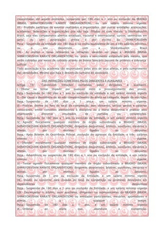 conquistadas até aquele momento, suspensão por 180 dias a 1 ano ou exclusão da BRASKO
(BRASIL      SHINKYOKUSHIN             KARATE           ORGANIZATION),                 ou       um        salário       mínimo        vigente.
XII – Proibido participar de eventos realizados e organizados por outras entidades associações,
academias, federações e organizações que não seja filiadas ou com vínculo a Shinkyokushin
Brasil, seja eles campeonatos abertos estaduais, nacional e internacional, cursos, seminários em
geral,       ou       sem        autorização               prévia          e      por           escrito       da          SHINKYOKUSHIN
Pena – Suspensão da entidade por 180 dias e/ou multa equivalente de um a três salários mínimos,
ou           o          seu                desvinculo                   com               a             Shinkyokushin                   Brasil
XIII – As multas e taxas referentes as infrações                                  deverão ser paga a                     BRASKO (BRASIL
SHINKYOKUSHIN KARATE ORGANIZATION), no prazo e vencimento estipulado pela mesma, que
serão cobradas por meios de cobrado através de boleto bancário passivo de protesto e cobrança
judicial
Toda associação e/ou academia são responsáveis pelos atos de seus atletas, e pelo cumprimento
das penalidades. Mesmo que haja o desvinculo sumario do associado.

                       DAS INFRAÇÕES COMETIDAS PELOS DIRIGENTES E AUXILIARES
Artigo       14°      – Constituem              infrações         cometidas              pelos         dirigentes          e      auxiliares.
I – Obstar       ou   tentar         impedir         por       qualquer         meio        o       prosseguimento             das     provas.
Pena – Suspensão de 180 dias a 1 ano ou exclusão da entidade e um salário mínimo vigente
II – Dar causa a desistência ou ao não comparecimento do atleta na categoria, depois da inscrição.
Pena – Suspensão            de       180         dias       a       1        ano,e          um        salário           mínimo        vigente.
III – Praticar, dentro ou fora do local da competição, atos obscenos, utilizar gestos e palavras
censuráveis, emitir conceitos atentatórios à disciplina ou à moral desportiva e praticar atos
objetivando            distorcer                resultados                 de            partidas               ou             competições.
Pena – Suspensão de 180 dias a 1 ano ou exclusão da entidade, e um salário mínimo vigente
IV – Agredir       fisicamente        qualquer         membro           de      órgão       subordinado           a      BRASKO       (BRASIL
SHINKYOKUSHIN KARATE ORGANIZATION), dirigentes desportivos, árbitros, auxiliares, mesários e
atletas,                por                      motivos                        ligados                      ao                      desporto.
Pena – Após Boletim de Ocorrência Policial ,exclusão do agressor da Entidade. e três salários
mínimo                                                                                                                                vigente.
V – Ofender        moralmente         qualquer          membro          de      órgão       subordinado             a    BRASKO       (BRASIL
SHINKYOKUSHIN KARATE ORGANIZATION), dirigentes desportivos, árbitros, auxiliares, mesários e
atletas,                por                      motivos                        ligados                      ao                      desporto.
Pena – Advertência ou suspensão de 180 dias a 1 ano ou exclusão da entidade, e um salário
mínimo                                                                                                                                vigente;
VI – Tentar agredir fisicamente qualquer membro de órgão subordinado a BRASKO (BRASIL
SHINKYOKUSHIN KARATE ORGANIZATION), dirigentes desportivos, árbitros, auxiliares, mesários e
atletas,                por                      motivos                        ligados                      ao                      desporto.
Pena – Suspensão        de       1    ano       ou    exclusão        da       Entidade,        e    um     salário      mínimo        vigente
VII – Invadir ou concorrer para invasão do local da competição ou promover desordens em
dependências                                                                                                                     desportivas
Pena – Suspensão de 180 dias a 1 ano ou exclusão da Entidade, e um salário mínimo vigente
VIII – Desrespeitar o árbitro, seus auxiliares, dirigentes ou representantes da BRASKO (BRASIL
SHINKYOKUSHIN KARATE ORGANIZATION) ou entidades participantes, mesários, apontadores e
atletas,                                    a                                        qualquer                                          tempo.
Pena – Suspensão            de       180        dias       a      1        ano,      e          um     salário          mínimo         vigente
IX – Ordenar                ao              atleta               que                 abandone                   a               competição.
 