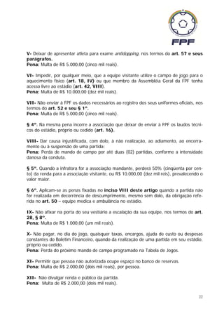 V- Deixar de apresentar atleta para exame antidopping, nos termos do art. 57 e seus
parágrafos.
Pena: Multa de R$ 5.000,00 (cinco mil reais).

VI- Impedir, por qualquer meio, que a equipe visitante utilize o campo de jogo para o
aquecimento físico (art. 18, IV) ou que membro da Assembléia Geral da FPF tenha
acesso livre ao estádio (art. 42, VIII).
Pena: Multa de R$ 10.000,00 (dez mil reais).

VII- Não enviar à FPF os dados necessários ao registro dos seus uniformes oficiais, nos
termos do art. 52 e seu § 1º.
Pena: Multa de R$ 5.000,00 (cinco mil reais).

§ 4º. Na mesma pena incorre a associação que deixar de enviar à FPF os laudos técni-
cos do estádio, próprio ou cedido (art. 16).

VIII- Dar causa injustificada, com dolo, à não realização, ao adiamento, ao encerra-
mento ou à suspensão de uma partida:
Pena: Perda de mando de campo por até duas (02) partidas, conforme a intensidade
danosa da conduta.

§ 5º. Quando a infratora for a associação mandante, perderá 50% (cinqüenta por cen-
to) da renda para a associação visitante, ou R$ 10.000,00 (dez mil reis), prevalecendo o
valor maior.

§ 6º. Aplicam-se as penas fixadas no inciso VIII deste artigo quando a partida não
for realizada em decorrência de descumprimento, mesmo sem dolo, da obrigação refe-
rida no art. 50 – equipe medica e ambulância no estádio.

IX- Não afixar na porta do seu vestiário a escalação da sua equipe, nos termos do art.
28, § 8º.
Pena: Multa de R$ 1.000,00 (um mil reais).

X- Não pagar, no dia do jogo, quaisquer taxas, encargos, ajuda de custo ou despesas
constantes do Boletim Financeiro, quando da realização de uma partida em seu estádio,
próprio ou cedido.
Pena: Perda do próximo mando de campo programado na Tabela de Jogos.

XI- Permitir que pessoa não autorizada ocupe espaço no banco de reservas.
Pena: Multa de R$ 2.000,00 (dois mil reais), por pessoa.

XII- Não divulgar renda e público da partida.
Pena: Multa de R$ 2.000,00 (dois mil reais).

                                                                                      22
 