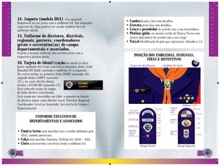 A V E N T U R E I R O S




                                                                                                                                                                                A V E N T U R E I R O S
                          14. Jaqueta (modelo DSA)            Uso opcional.
                                                                                       • Camisa branca, lisa sem detalhes.
                          Disponível na cor preta com o emblema A4. Em situações
                          especiais de clima poderá ser usada também fora do           • Gravata preta lisa sem detalhes.
                          uniforme oﬁcial.                                             • Lenço e prendedor de acordo com a sua investidura.
                                                                                       • Platina/galão no mesmo tecido da Túnica/Terno com
                          15. Uniforme de diretores, distritais,                         tira(s) dourada(s) de acordo com o seu cargo.
                          regionais, pastores, coordenadores                           • Torçal identiﬁcação do país que representa, colocado a 1,5
                          gerais e secretários(as) de campo,
                          departamentais e associados.
                          Usarão o mesmo uniforme dos aventureiros com a
                          respectiva platina/galão.                                             POSIÇÃO DOS EMBLEMAS, INSÍGNIAS,
                                                                                                       TIRAS E DISTINTIVOS
                          16. Tarjeta de Identiﬁcação em metal/acrílico
                                                                                           Tarjeta de identificação               Insígnias de classe
                          preto (medindo 9x2,2cm) com letras douradas (fonte Arial
                          Rounded MT Bold) contendo o emblema A1 à esquerda.
                          No centro incluir na primeira linha NOME (tamanho 16),
                          segunda linha CAMPO (tamanho
                          12) e no canto direito abaixo
                          incluir o FATOR RH (tamanho 12).
                          Será colocado acima da tampa
                          do bolso direito centralizado.
                          Será usada por investidos em Líder, e quando na função
                          da diretiva maior como Diretor Local, Distrital, Regional,
                          Coordenador Geral ou Associado, Secretária de Campo e                                                                         Emblema L A1
                          Departamental.                                                                                 1,5 cm
                                                                                                                                         Emblema
                                                                                                                                         campo
                                                                                                                                                                      1,5 cm
                                                                                          Tira com o
                                                                                        Nome do campo                                    local
                                                                                                                                                                       5,5 cm
                                                                                                                         5 cm
                                      UNIFORME EXCLUSIVO DE                                                              1 cm                                          1 cm
                                                                                         Tira de cargo                                   Emblema
                                   DEPARTAMENTAIS E ASSOCIADOS                                                           2 cm
                                                                                                                         1 cm
                                                                                                                                         L A1
                                                                                                                                                                       5 cm
                                                                                         Emblema A1
                                                                                                                         7 cm                                          1 cm

                          • Túnica/terno azul marinho (cor e tecidos deﬁnidos pela       Estrela de
                                                                                         tempo de                        1 cm
                                                                                                                                         Divisa de
                                                                                                                                         líder
                                                                                                                                                                       7,4 cm
                            DSA), modelo americano.                                      serviço                         3 cm

                          • Calça azul marinho (Santista, Terbrim Art. 0443 – 502).
                          • Cinto azul marinho com ﬁvela tendo o emblema A3.
                                                                                                         Manga Direita                               Manga Esquerda

                          2
                          20                                                                                                                                              21
                                                                                                                                                                           1
 