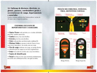 14. Uniforme de diretores, distritais, re-                      POSIÇÃO DOS EMBLEMAS, INSÍGNIAS,
                            gionais, pastores, coordenadores gerais e                       c. Na camiseta ou em outros materiais
                                                                                                TIRAS, DISTINTIVOS E DIVISAS
                                                                                            promocionais, será usado o emblema L4
                            secretários(as) de campo, departamentais
                                                                                         TarjetaCoberturaDistintivos de investidos: Chapéu tipo
                                                                                            d. de                              Insígnia de
                            e associados                                                 identificação   classes líderes
                                                                                                          para avançadas       excelência
                                                                                            australiano, cor azul marinho, com as listras das
                            Usarão o mesmo uniforme dos Desbravadores (acima de
                                                                                            classes em ordem ascendente da esquerda para a
                            16 anos) com a respectiva platina.



                                       UNIFORME EXCLUSIVO DE
D E S B R A V A D O R E S




                                                                                                                                                                   D E S B R A V A D O R E S
                                    DEPARTAMENTAIS E ASSOCIADOS

                            • Túnica/Terno verde petróleo cor e tecidos (definidos               Distintivo de         Distintivos de           Torçal
                            pela DSA), modelo americano.                                         classe de líder       classes regulares

                            •   Camisa branca, lisa sem detalhes
                            •   Gravata preta lisa sem detalhes.                       Tira com                    1,5 cm        Emblema                 1,5 cm
                                                                                       nome
                                                                                                                                 campo
                            •   Cinto verde petróleo com ﬁvela tendo o emblema D3.     do campo                                  local                   5,5 cm
                                                                                                                         5 cm
                            •   Platinas/Galão no mesmo tecido do Túnica/terno         Tira de
                                                                                                                         1 cm                            1 cm
                            com tira(s) dourada(s) de acordo com seu cargo.            cargo
                                                                                                                         2 cm Emblema
                            • Tira de cargo conforme seu cargo, na manga direita,                                        1 cm D2                         5 cm
                                                                                       Emblema
                            e a identificação do campo no seu local regulamentar.      D1                                                                1 cm
                                                                                                                        7,5 cm
                            • Lenço será usado de acordo com a sua investidura.                                              Divisa
                                                                                       Estrela de                            de                          10.5 cm
                            • Tarjeta de identificação                                 tempo de
                                                                                       serviço
                                                                                                                        1 cm Líder
                                                                                                                        3 cm
                            • Torçal nas duas ou três cores nacionais predominantes,
                            de acordo com a deﬁnição da DSA, com apito no bolso.
                                                                                                       Manga Direita                  Manga Esquerda



                            44                                                                                                                             45
 