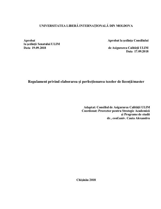 Regulament Privind Elaborarea și Perfecționarea Tezelor De Licență Ma