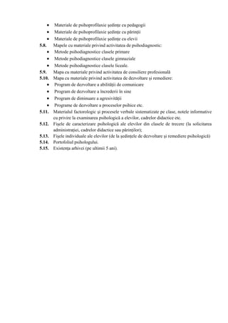 • Materiale de psihoprofilaxie şedinţe cu pedagogii
• Materiale de psihoprofilaxie şedinţe cu părinţii
• Materiale de psihoprofilaxie şedinţe cu elevii
5.8. Mapele cu materiale privind activitatea de psihodiagnostic:
• Metode psihodiagnostice clasele primare
• Metode psihodiagnostice clasele gimnaziale
• Metode psihodiagnostice clasele liceale.
5.9. Mapa cu materiale privind activitatea de consiliere profesională
5.10. Mapa cu materiale privind activitatea de dezvoltare şi remediere:
• Program de dezvoltare a abilităţii de comunicare
• Program de dezvoltare a încrederii în sine
• Program de diminuare a agresivităţii
• Programe de dezvoltare a proceselor psihice etc.
5.11. Materialul factorologic şi procesele verbale sistematizate pe clase, notele informative
cu privire la examinarea psihologică a elevilor, cadrelor didactice etc.
5.12. Fişele de caracterizare psihologică ale elevilor din clasele de trecere (la solicitarea
administraţiei, cadrelor didactice sau părinţilor);
5.13. Fişele individuale ale elevilor (de la şedinţele de dezvoltare şi remediere psihologică)
5.14. Portofoliul psihologului.
5.15. Existenţa arhivei (pe ultimii 5 ani).
 