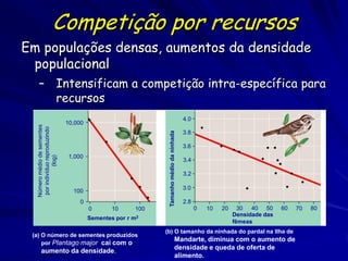 Competição por recursos
Em populações densas, aumentos da densidade
 populacional
   – Intensificam a competição intra-específica para
     recursos
                                                                                          4.0
                                10,000
  Número médio de sementes
   por indivíduo reproduzindo




                                                                                          3.8




                                                               Tamanho médio da ninhada
                                                                                          3.6
                                 1,000
               (log)




                                                                                          3.4

                                                                                          3.2

                                                                                          3.0
                                  100
                                     0                                                    2.8
                                         0       10     100                                     0   10   20     30  40 50     60   70   80
                                                                                                              Densidade das
                                         Sementes por r m2
                                                                                                              fêmeas
                                                              (b) O tamanho da ninhada do pardal na Ilha de
 (a) O número de sementes produzidos
                                                                                   Mandarte, diminua com o aumento de
     por Plantago major cai com o
                                                                                   densidade e queda de oferta de
      aumento da densidade.
                                                                                   alimento.
 