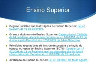 Ensino Superior
S Regime Jurídico das Instituições de Ensino Superior: Lei n.º

62/2007, de 10 de Setembro.
S Graus e diplomas do Ensino Superior: Decreto-Lei n.º 74/2006,

de 24 de Março, alterado pelo Decreto-Lei n.º 107/2008, de 25 de
Junho, e pelo Decreto-Lei n.º 230/2009, de 14 de Setembro.
S Princípios reguladores de instrumentos para a criação do

espaço europeu de Ensino Superior (ECTS): Decreto-Lei n.º
42/2005, de 22 de Fevereiro, com as alterações que lhe foram
introduzidas pelo Decreto-Lei n.º 107/2008, de 25 de Junho.
S Avaliação do Ensino Superior: Lei n.º 38/2007, de 16 de Agosto.

 