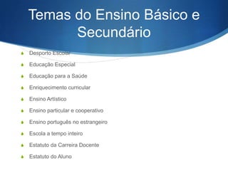Temas do Ensino Básico e
Secundário
S

Desporto Escolar

S

Educação Especial

S

Educação para a Saúde

S

Enriquecimento curricular

S

Ensino Artístico

S

Ensino particular e cooperativo

S

Ensino português no estrangeiro

S

Escola a tempo inteiro

S

Estatuto da Carreira Docente

S

Estatuto do Aluno

 