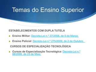 Temas do Ensino Superior

ESTABELECIMENTOS COM DUPLA TUTELA
S Ensino Militar: Decreto-Lei n.º 37/2008, de 5 de Março.
S Ensino Policial: Decreto-Lei n.º 275/2009, de 2 de Outubro. 

 CURSOS DE ESPECIALIZAÇÃO TECNOLÓGICA
S Cursos de Especialização Tecnológica: Decreto-Lei n.º

88/2006, de 23 de Maio.

 