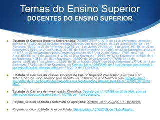 Temas do Ensino Superior
DOCENTES DO ENSINO SUPERIOR

S

Estatuto da Carreira Docente Universitária: Decreto-Lei n.º 448/79, de 13 de Novembro, alterado
pela Lei n.º 19/80, de 16 de Julho, e pelos Decretos-Leis n.os 316/83, de 2 de Julho, 35/85, de 1 de
Fevereiro, 48/85, de 27 de Fevereiro, 243/85, de 11 de Julho, 244/85, de 11 de Julho, 381/85, de 27 de
Setembro, 245/86, de 21 de Agosto, 370/86, de 4 de Novembro, e 392/86, de 22 de Novembro, pela Lei
n.º 6/87, de 27 de Janeiro, e pelos Decretos-Leis n.os 45/87, de 24 de Março, 147/88, de 27 de Abril,
359/88, de 13 de Outubro, 412/88, de 9 de Novembro, 456/88, de 13 de Dezembro, 393/89, de 9 de
Novembro, 408/89, de 18 de Novembro, 388/90, de 10 de Dezembro, 76/96, de 18 de Junho, 13/97, de
17 de Janeiro, 212/97, de 16 de Agosto, 252/97, de 26 de Setembro, 277/98, de 11 de Setembro,
373/99, de 18 de Setembro, e o Decreto-Lei n.º 205/2009, de 31 de Agosto (que procede à sua
republicação), alterado pela Lei n.º 8/2010, de 13 de Maio.

S

Estatuto da Carreira do Pessoal Docente do Ensino Superior Politécnico: Decreto-Lei n.º 185/81,
de 1 de Julho, alterado pelo Decreto-Lei n.º 69/88, de 3 de Março, e pelo Decreto-Lei n.º 207/2009, de
31 de Agosto (que procede à sua republicação), alterado pela Lei n.º 7/2010, de 13 de Maio.

S

Estatuto da Carreira de Investigação Científica: Decreto-Lei n.º 124/99, de 20 de Abril, com as
alterações introduzidas pela Lei n.º 157/99, de 14 de Setembro.

S

Regime jurídico do título académico de agregado: Decreto-Lei n.º 239/2007, 19 de Junho.

S

Regime jurídico do título de especialista: Decreto-Lei n.º 206/2009, de 31 de Agosto. 

 