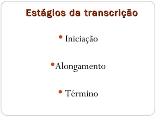 Estágios da transcrição

       Iniciação


     Alongamento


       Término
 
