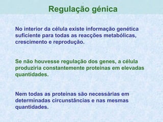 ,
Regulação génica
No interior da célula existe informação genética
suficiente para todas as reacções metabólicas,
crescimento e reprodução.
Se não houvesse regulação dos genes, a célula
produziria constantemente proteínas em elevadas
quantidades.
Nem todas as proteínas são necessárias em
determinadas circunstâncias e nas mesmas
quantidades.
 
