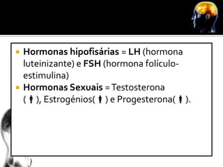    Hormonas hipofisárias = LH (hormona
    luteinizante) e FSH (hormona folículo-
    estimulina)
   Hormonas Sexuais = Testosterona
    (), Estrogénios() e Progesterona().
 