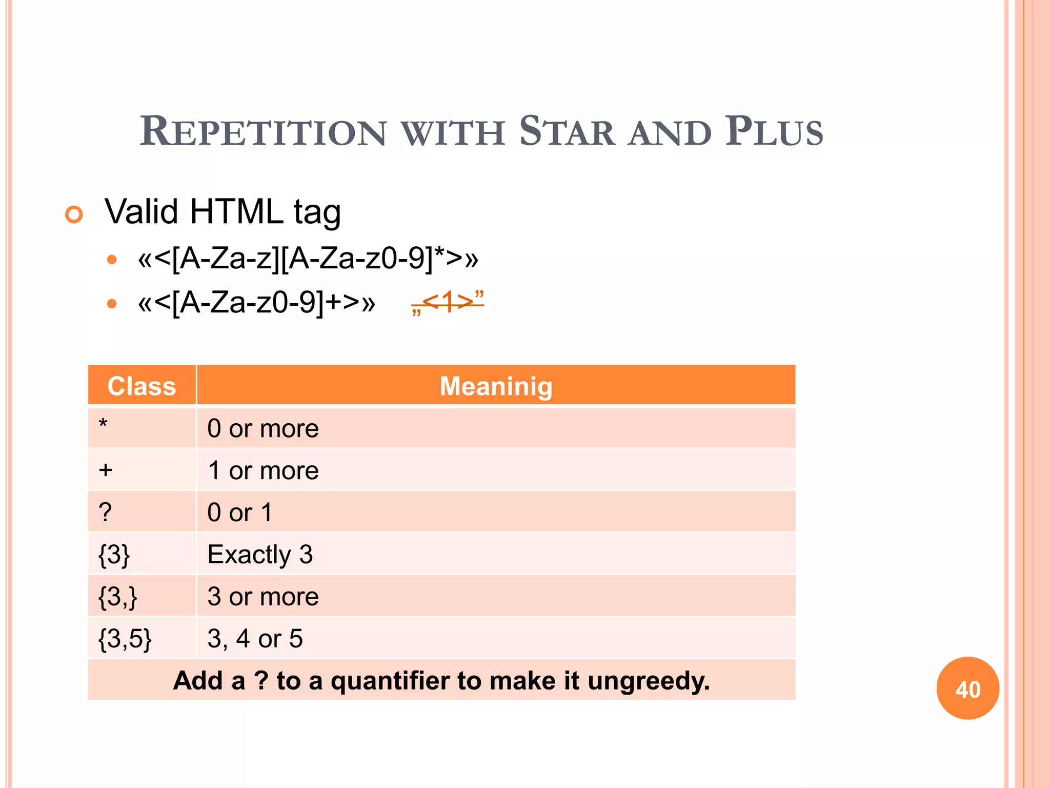 REPETITION WITH STAR AND PLUS
 Valid HTML tag
 «<[A-Za-z][A-Za-z0-9]*>»
 «<[A-Za-z0-9]+>» „<1>”
Class Meaninig
* 0 or more
+ 1 or more
? 0 or 1
{3} Exactly 3
{3,} 3 or more
{3,5} 3, 4 or 5
Add a ? to a quantifier to make it ungreedy. 40
 