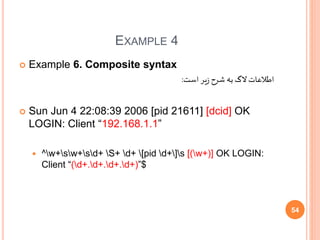 EXAMPLE 4
 Example 6. Composite syntax
‫است‬ ‫یر‬‫ز‬ ‫شرح‬ ‫به‬ ‫الگ‬‫اطالعات‬:
 Sun Jun 4 22:08:39 2006 [pid 21611] [dcid] OK
LOGIN: Client “192.168.1.1”
 ^w+sw+sd+ S+ d+ [pid d+]s [(w+)] OK LOGIN:
Client “(d+.d+.d+.d+)”$
54
 