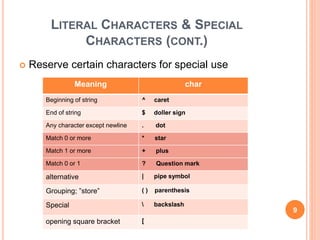LITERAL CHARACTERS & SPECIAL
CHARACTERS (CONT.)
 Reserve certain characters for special use
Meaning char
Beginning of string ^ caret
End of string $ doller sign
Any character except newline . dot
Match 0 or more * star
Match 1 or more + plus
Match 0 or 1 ? Question mark
alternative | pipe symbol
Grouping; ”store” ( ) parenthesis
Special  backslash
opening square bracket [
9
 
