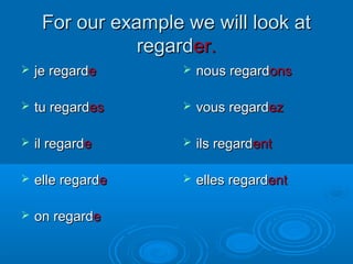 FFoorr oouurr eexxaammppllee wwee wwiillll llooookk aatt 
rreeggaarrddeerr.. 
 jjee rreeggaarrddee 
 ttuu rreeggaarrddeess 
 iill rreeggaarrddee 
 eellllee rreeggaarrddee 
 oonn rreeggaarrddee 
 nnoouuss rreeggaarrddoonnss 
 vvoouuss rreeggaarrddeezz 
 iillss rreeggaarrddeenntt 
 eelllleess rreeggaarrddeenntt 
 