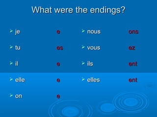 WWhhaatt wweerree tthhee eennddiinnggss?? 
 jjee ee 
 ttuu eess 
 iill ee 
 eellllee ee 
 oonn ee 
 nnoouuss oonnss 
 vvoouuss eezz 
 iillss eenntt 
 eelllleess eenntt 
 