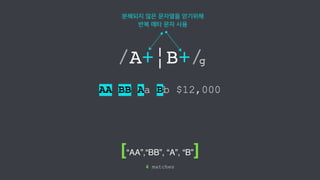 분해되지 않은 문자열을 얻기위해! 
/A+|B+/ 
AA BB Aa Bb $12,000 
[“AA”,“BB”, “A”, “B”] 
4 matches 
g 
반복 메타 문자 사용 
 