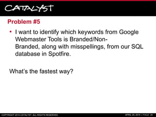 Problem #5
• I want to identify which keywords from Google
Webmaster Tools is Branded/Non-
Branded, along with misspellings, from our SQL
database in Spotfire.
What’s the fastest way?
COPYRIGHT 2014 CATALYST. ALL RIGHTS RESERVED. APRIL 29, 2014 | PAGE 28
 